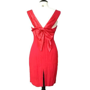 VINTAGE 80s 90s Red Cocktail Dress Large Bow Rhinestones Christmas